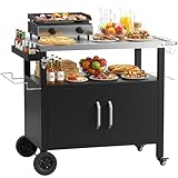 LIFERUN Outdoor Grill Cart with Stainless Steel Top, XL Outdoor Kitchen Island with Storage Cabinet, Prep Station with 2 Lockable Wheels and 4 Hooks for BBQ Food Prep & Outside Dining, 41' x 23'