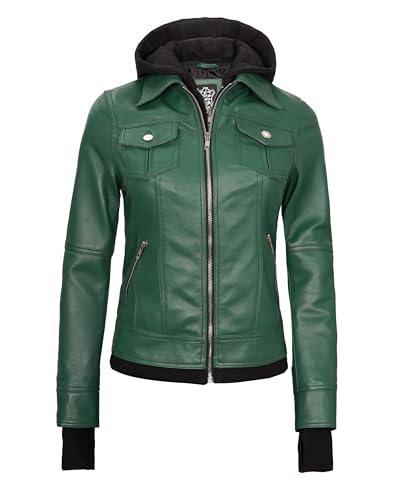 Image of Womens Leather Jacket with Detachable Hood - Real Lambskin Bomber Jacket Thumbholes Women