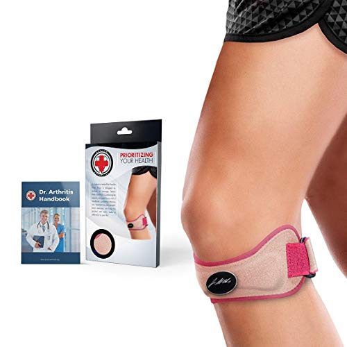 Doctor Developed Ladies Patella Tendon Strap/Knee Strap/Brace & Handbook Guaranteed Relief for Patellar Tendonitis (Jumpers Knee), PFPS (Runners Knee), ITBS, Chondromalacia & More (Pink)