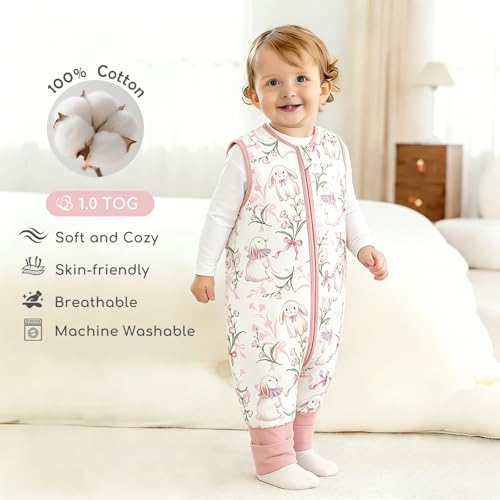 Image of Chilsuessy Toddler Sleep Sack with Feet 6-18 Months, 0.5 TOG Cotton Baby Wearable Blanket with Legs, Sleep Bag Walker with 2-Way Zipper, Rabbit