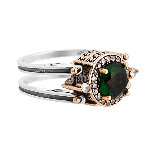 Elegant Reversible 925 Sterling Silver Ring for Women Jewelry - Handcrafted in Turkey, Featuring Round Cut Emerald and Black Round Cut Topaz 925 Sterling Silver Ring Size All