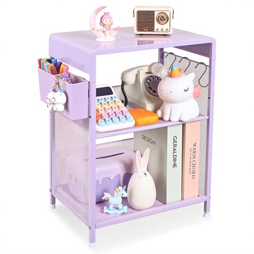Gugsey Purple Nightstand, End Table with Hooks and Holder, Kids Nightstand for Bedroom, Toddler Bedside Table, Small Desk for Girls, Coffee Table for Living Room, Dorm, Office (Purple)