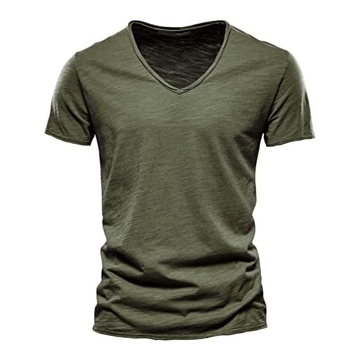 Manches Courtes en Coton Bambou pour Hommes T-Shirt Muscle Doux et Confortable col en V Casual Slim Sport Plage t-Shirt (Vert Militaire,L)