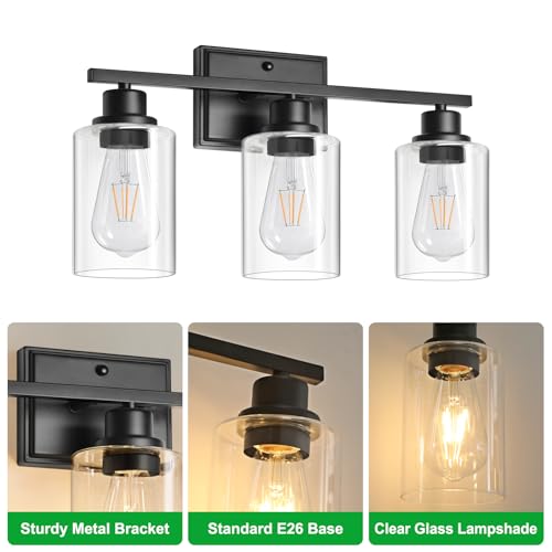 Image of Unicozin 3 Light Bathroom Light Fixtures, Modern Vanity Lights Over Mirror, Black Wall Lamp with Clear Glass for Living Room Cabinet Bedroom Porch