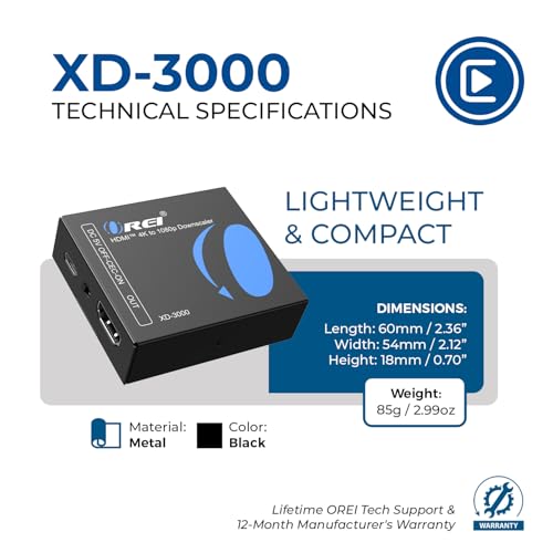 Image of XD-3000 HDMI Downscaler - 18Gbps HDMI 2.0 Converter with 4K@60Hz (4:4:4), HDCP 2.2, EDID Management, CEC Block, USB-C Power