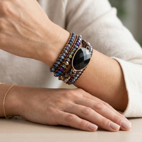 Image of YGLINE Boho Handmade Wrap Leather Tube Crystal Stone Bracelet for Women