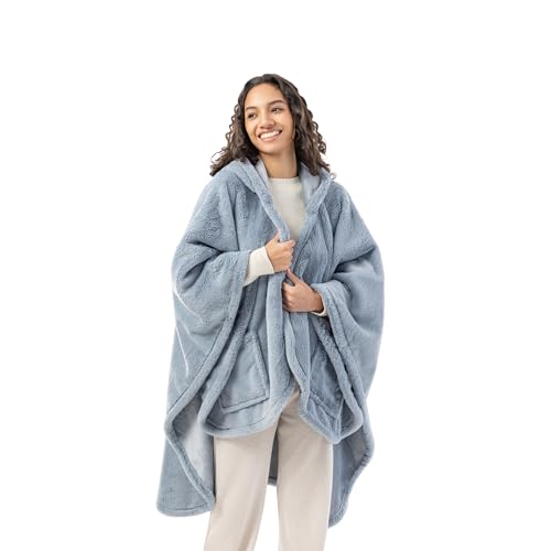 Berkshire Faux Fur Wearable Blanket Cozy Reversible Loftmink Fleece Shawl with Hood & Side Pockets All-Season Warmth One Size Fits Most (Polar Blue 5864)