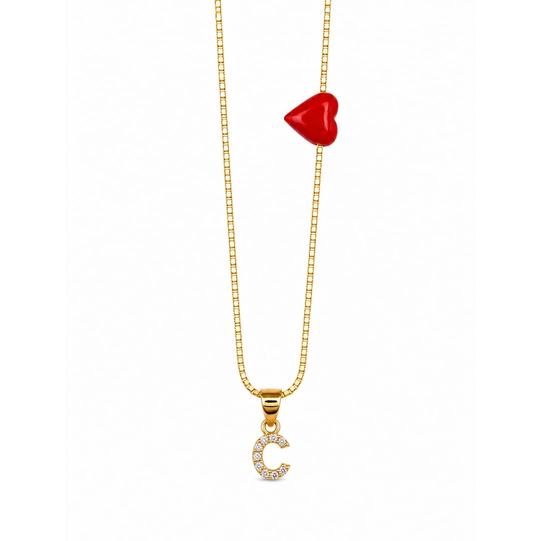 Collana Lettera del Cuore con Iniziale Zirconata e Cuore in Corallo Rosso naturale del Mediterraneo gioiello elegante minimal da donna ragazza