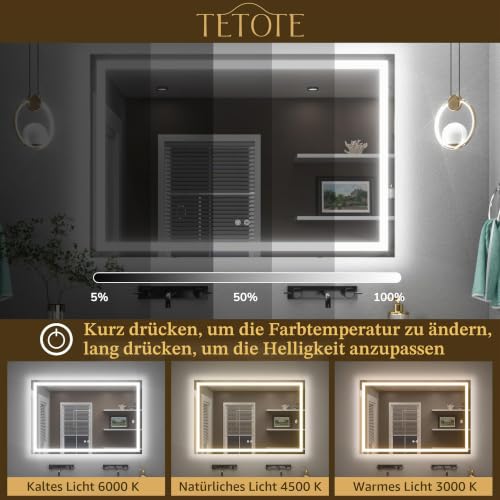 TETOTE Badspiegel mit Beleuchtung 120x80cm, Badezimmerspiegel Beleuchtet Beschlagfrei Badezimmer Wandspiegel Ohne Rahmen Bad Spiegel mit… – Ansicht 4