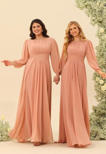 Women's Long Sleeve Crew Neck Bridesmaid Dresses Plus Size Chiffon Formal Evening Gowns with Pockets PU1844