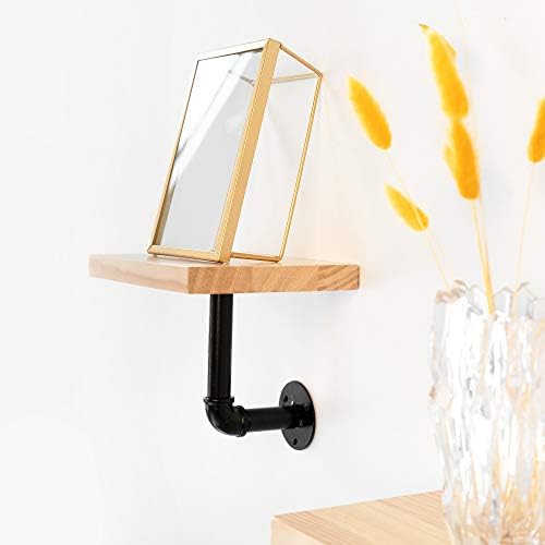 Navaris Industrial Pipe Shelf Set - 3 Small Wooden Shelves with Black Pipe Shelf Brackets - 15x20cm Wall-Mounted Wood Shelving - Size S, Light Brown