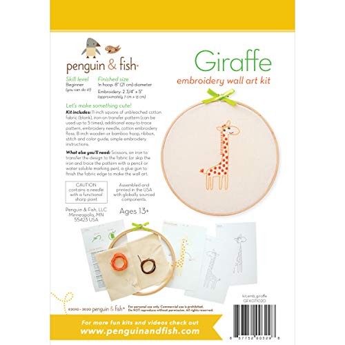 Giraffe Embroidery Starter Kit For Beginners, Learn Basic Embroidery Stitches, Includes Everything To Get Started - 8” Embroidery Hoop, Cotton Floss Thread, Fabric, Needle, Iron-On Reusable Transfer #TOP3