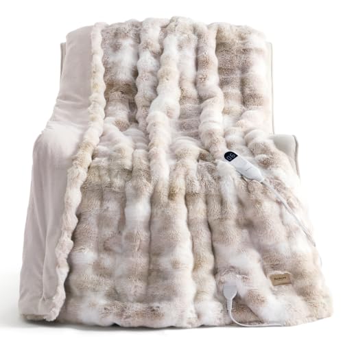 Image of Bedsure Bubble Faux Fur Heated Blanket Electric Throw XL, Tie-dye Beige