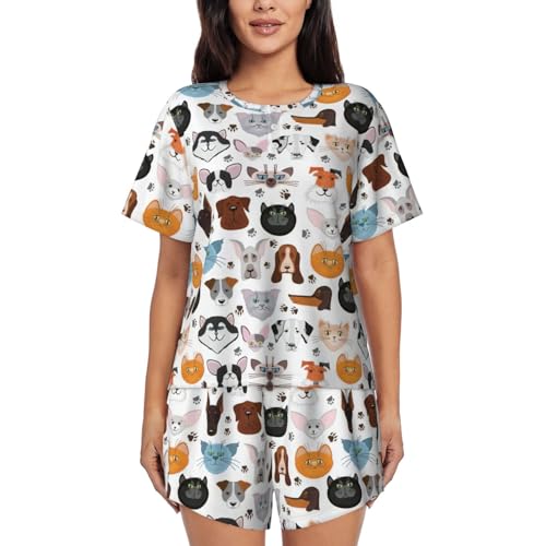 IPPONGET Dibujos animados gato y perro estampado mujeres cuello redondo manga corta pijamas conjunto 2 piezas lounge set para cuatro estaciones, negro, M, negro, M, Color negro., M
