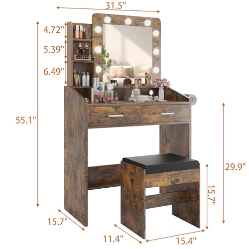 Garveehome Vanity Desk with Mirror and Lights, Makeup Vanity with Power Outlet & Cushioned Stool, 3 Lighting Modes Adjustable Brightness, Dressing Table with Hairdryer Holder for Bedroom, Rustic Brown