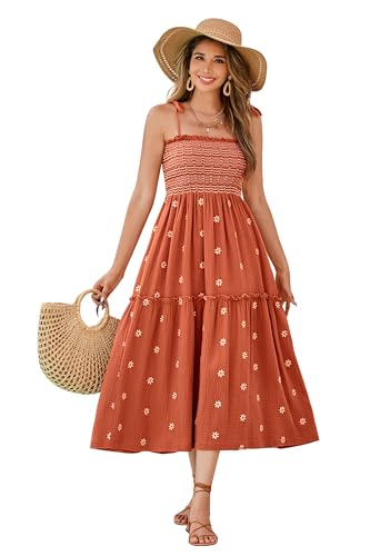 Image of R.Vivimos Womens Summer Cotton Boho Midi Dress 2026 Spaghetti Strap Floral Embroidered Smocked Tiered Flowy Long Dresses