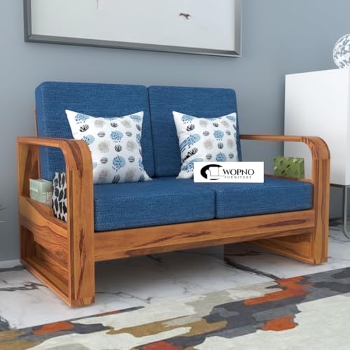 Image of Sheesham Wooden 2 Seater Sofa for Living Room | Solid Wood Sofa with Side Pocket Storage & Cushion | Rosewood Sofa Set for Home & Office | Lounge (Honey with Blue Cushion, 2 Seater)