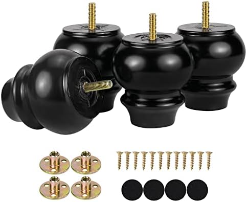 Maricome 3 Inch Black Bun Feet for Furniture Set of 4 Replacement Legs for Couch Sofa Legs Height Raiser with Pre-Drilled M8 Bolt Screw in