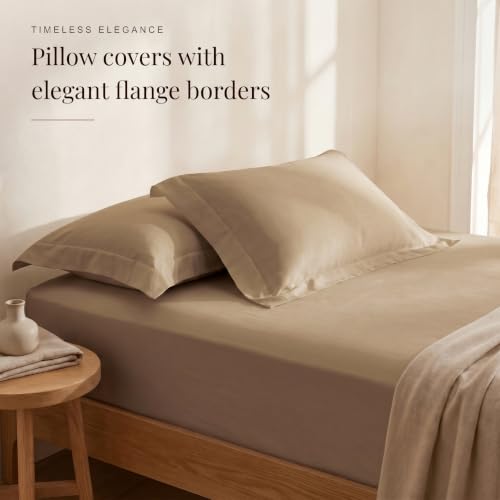 Image of Huesland 300 TC Premium 100% Pure Cotton Luxe Soft Touch Fitted King Size Bedsheet Cotton with 2 Pillow Covers | Sand Dune | 72 x 78 Inches