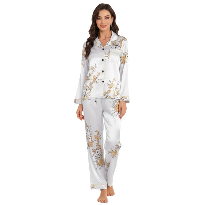 Image of Night Suit for Women with Full Sleeve Button-Down Top with Pant Dress for Woman,Night Dress for Woman, Two-Piece Loungewear Set
