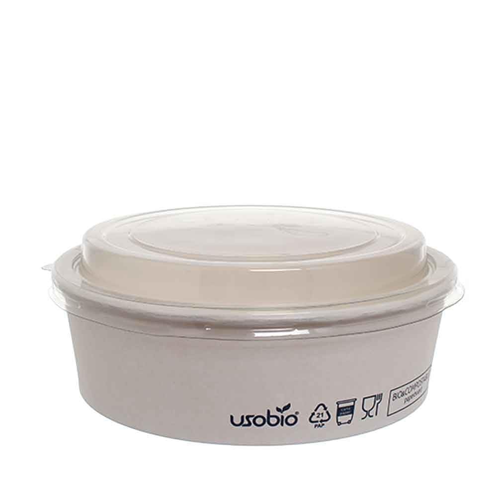 Ciotole Compostabili con Coperchio Usobio in Cartoncino Bianco Antigrasso, Contenitori Take Away per Insalate, Poke e Delivery, Coperchio PET Trasparente VARI FORMATI (1000, Millilitri)