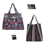 Vivelyst Reusable Grocery Bags Set of 2 Eco-Friendly Foldable Shopping Bags Machine Washable Nano Bags Waterproof Tote Bags with Floral and Stripe Design for Daily Shopping Supplies