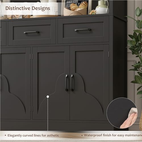 HITHOS 76" Tall Kitchen Pantry Storage Cabinet, 55&ldquo; Wide Kitchen Hutch Cabinet with Storage Drawers, Large Food Pantry with Microwave Stand, Modern Cupboard with Hutch for Dining Living Room, Black