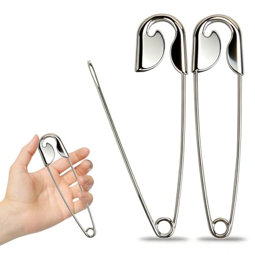 Floruvia 2 Pieces Large Safety Pins 5.5 Inch(14cm) Metal Heavy Duty Jumbo Safety Pins for Laundry Blankets Key Rings DIY Crafts Outdoor Use (Silver)