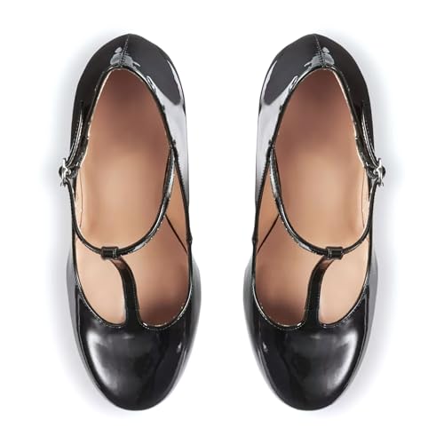 iadore Women Fashion Patent Leather High Chunky Heel Shoes Sexy Round Toe with T Strappy Buckle Dress Pumps Size 5-12 US3