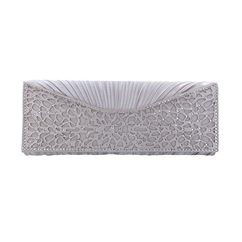 Elegant Pleated Satin Floral Crystal Flap Clutch Evening Bag, Silver