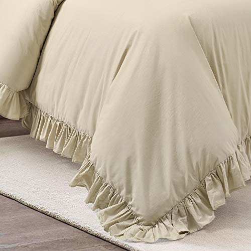Image of Lush Decor Reyna Ruffle Cotton Duvet Cover Set 3 Piece Set Full / Queen, Wheat - Queen Size Bedding Set - Beige Duvet Queen- Ruffled Bedding - Coquette Decor
