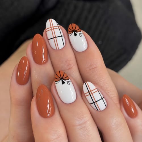UNA GELLA Halloween Press On Nails Short Almond, 32Pcs Pumpkin Pl...