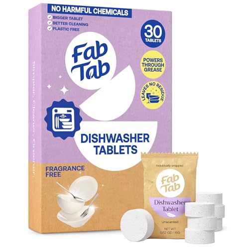 Fab Tab Dishwasher Tablets, Unscented, A Plastic Free Dishwasher Pod Alternative, Powers Through Grease, Leaves No Residue, Safe for The Whole Family, Individually Wrapped