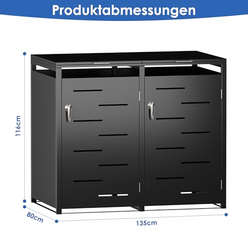 SUPEER Mülltonnenbox 2er und 1er Tonne | bis 240 Liter | schwarz | verzinkter Stahl | Premium Dämpfer | wetterfest| Hydraulikstangen| Türgriff mit Schloss | Gartenbox