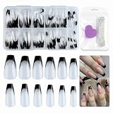 SUTOKAKA French Tip Press on Nails 120Pcs Black Long Coffin Pre-Shaped Full Cover Nail Tips Clear False Nails Acrylic Nail Extension Set 12 Sizes