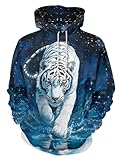 BarbedRose Herren Digitaldruck Sweatshirts Kapuzenpullover Galaxy Muster Hoodie, Blau-weißer Tiger, Large-X-Large