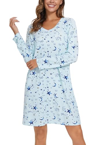 Image of Kabento 2 Pack Long Sleeve Nightgowns for Women Soft Cotton Night Gowns Sleepwear V Neck Nightshirts