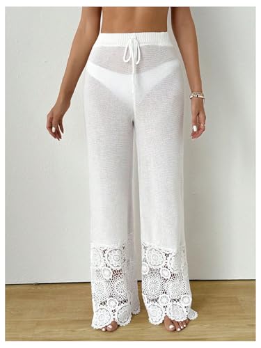 Verdusa Women's Contrast Lace Crochet Sheer Swim Coverups Paisley High Rise Split Pants3