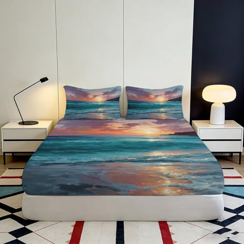 Drap housse microfibre 3D coucher de soleil océan 90x200x25cm - 4