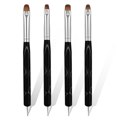 Jeffdad 4 Pcs Gel Nail Brush French Gel Acrylic Nail Art Brush with Dotting Tool Professional Manicure Brush Small Detail Painting 3D Acrylic Brushes (10# 12# 14# 16#, Black)