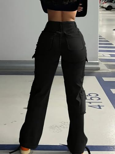 Women Mid Waisted Cargo Jeans Flap Pocket Straight Wide Leg Casual Baggy Boyfriend Denim Streetwear Pants3