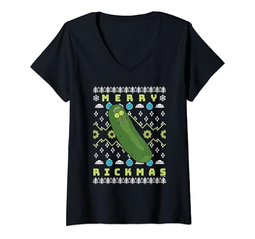 Image of Womens Rick and Morty Merry Pickle Rickmas Ugly Christmas V-Neck T-Shirt