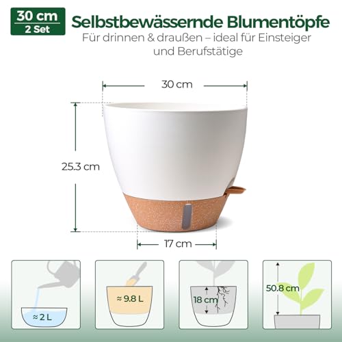 T4U 2er Set 30cm Selbstbewässernder Blumentopf mit Überlaufschutz, für Gummibaum & Geigenfeige, blumentopf Gross innen & pflanzkübel groß außen, Weiß