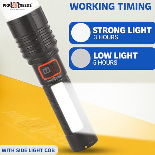Image of Pick Ur Needs Rechargeable 100W Aluminium Body Home Emergency Mini Search Torch Light Zoomable with 3 Mode + Side COB with 2 Mode 1200mAH Battery