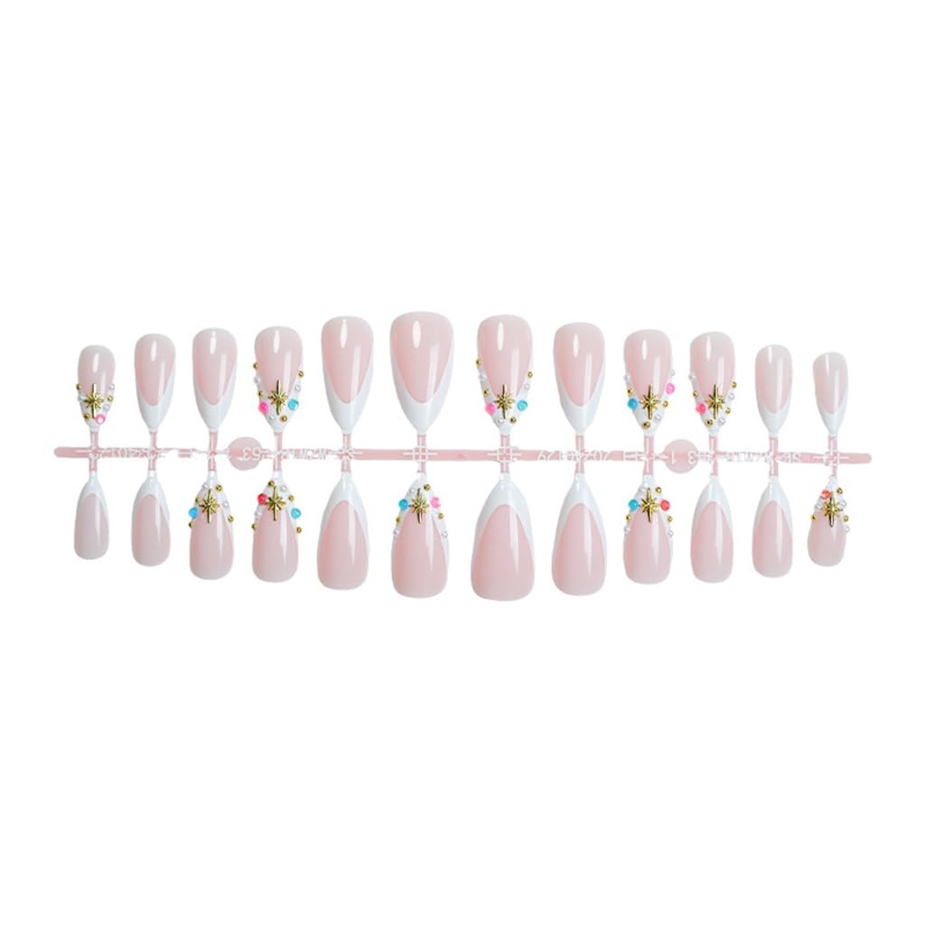 Almond Shape 24Pcs False Nails With Glitters French Tips Acrylic Design Stick on Nails For Women