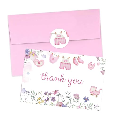 24 Pack Baby Shower Pink Thank You Cards with Envelopes & Stickers 4x6 Inch-Girl Baby Shower Greeting Cards Watercolor Delicate Wildflower for Baby Shower Party