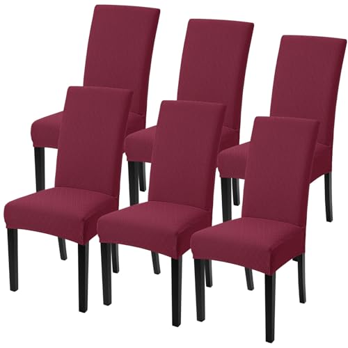 Image of SearchI Dining Room Chair Covers Set of 6, Stretch Jacquard Parsons Chair Slipcovers Removable Washable Kitchen Chair Protector Cover for Dining Room, Hotel, Ceremony (Wine Red Rhombus)