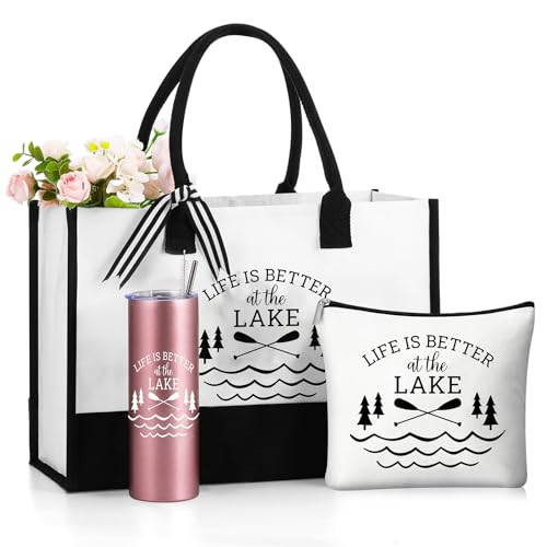 Sieral 3 Pcs Women Beach Lake Gift Set Tote Bag Makeup Bag Tumbler for Christmas