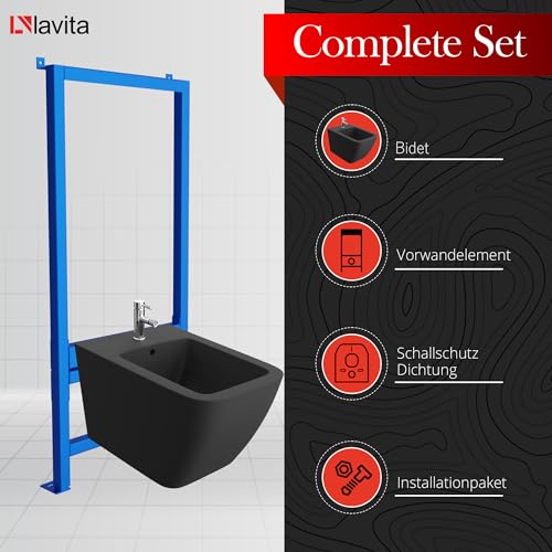 LAVITA Vorwandelement für Bidet LAV 500 + Wand-Bidet Onil Black Komplettset Wand-Hänge Bidet mit Hahnloch und Überlaufschutz aus Keramik WC Toilette Hygienisch und Pflegeleicht 35,5x51x32,5 cm – Bild 3