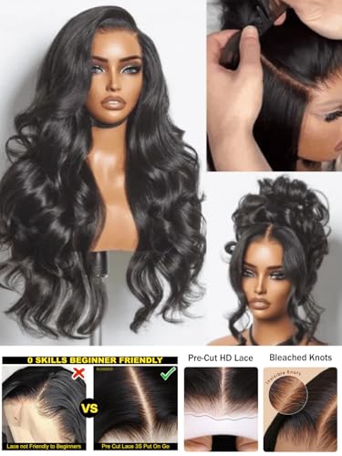 Image of Sunber Body Wave Human Hair Lace Frontal Glueless Wig 13x4 Pre Everything Pre Cut Lace Front Drawstring Wig Bye Bye Knots Pre Plucked with Baby Hair 150% Density 20Inch Pull Go Wigs